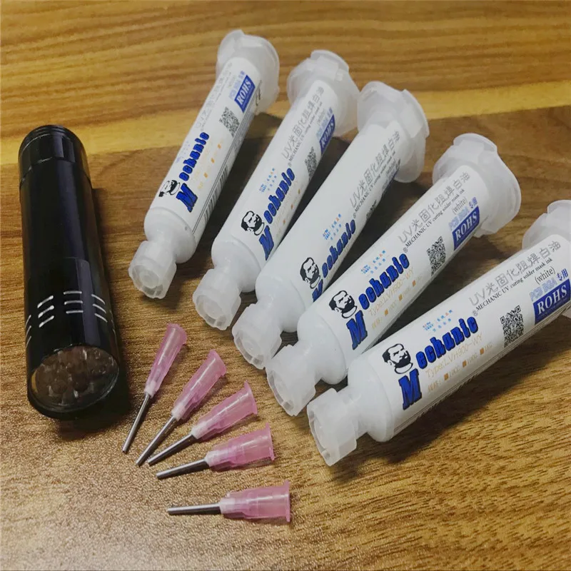 

MECHANIC 5pcs white color UV Curable Solder Mask 10CC +needles + UV lamp for PCB Circuit board protect Soldering Paste Flux oil