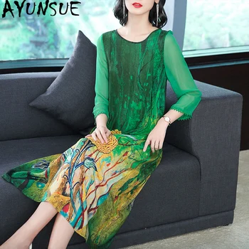 

AYUNSUE 2020 Spring Summer Silk Beach Dress Women Green Floral Casual Dress Midi Boho Dresses Elegant Clothes Vestido KJ1883