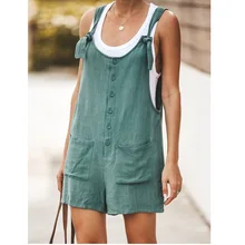 Женский летний хлопковый льняной прямой короткий комбинезон на бретельках Свободный Повседневный комбинезон с широкими штанинами