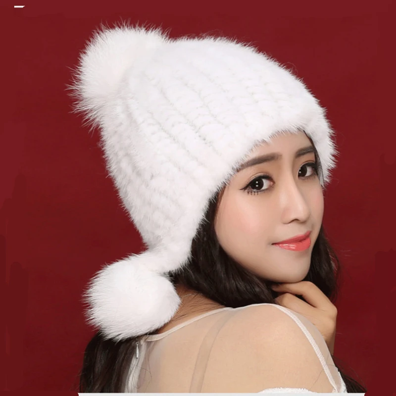 ФОТО Multi- colored Mink Hat Women's Winter Fur Warm Hat Ear Fashion Sweet Real Mink Knitted Genuine Hair