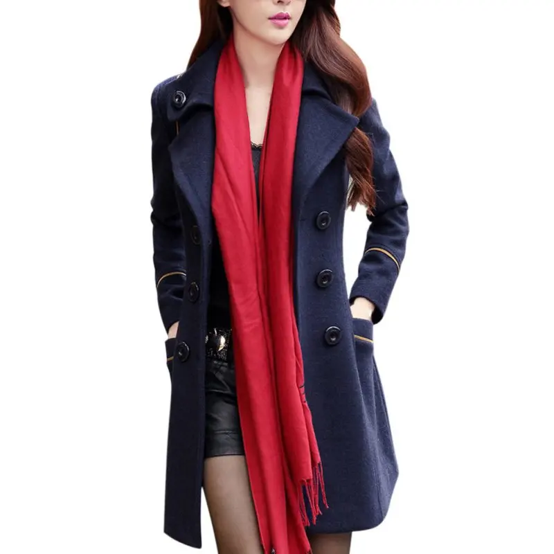 Goedkoop Fashion Solid Winter Wollen Jassen Voor Vrouwen Double Breasted Overjas Turn Down Kraag Slanke Bovenkleding Vrouwelijke Trenchcoat