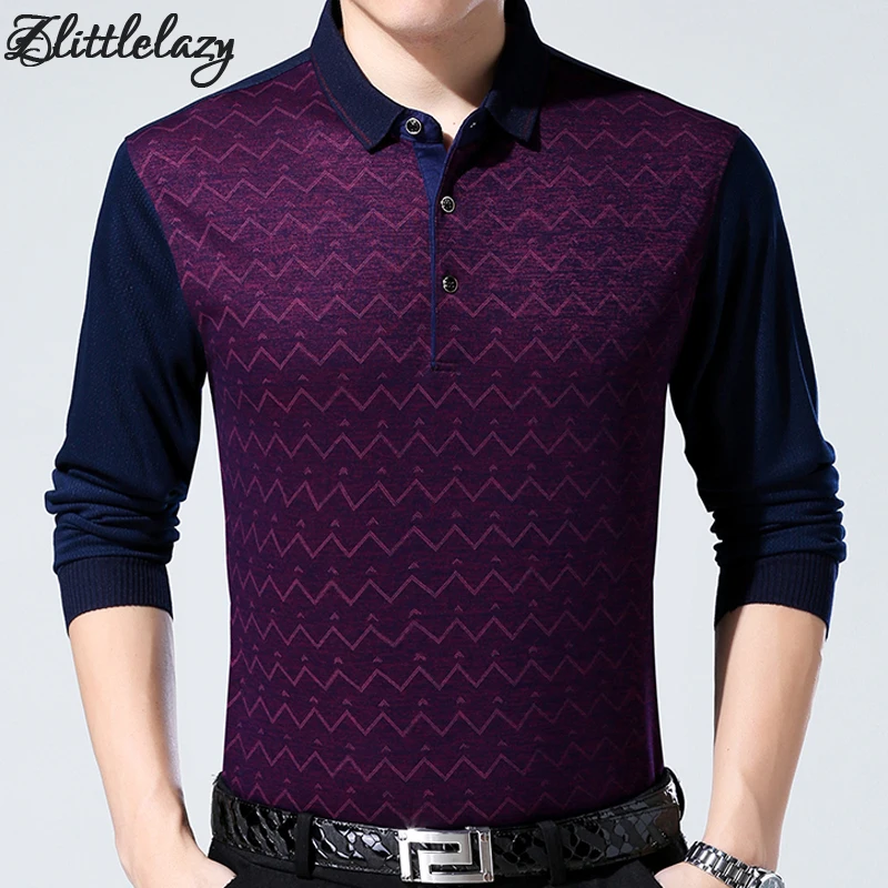 

2019 brand fashion slim fitness winter thick long sleeve polo shirt men pol wavy line casual cotton mens polos shirts clothing