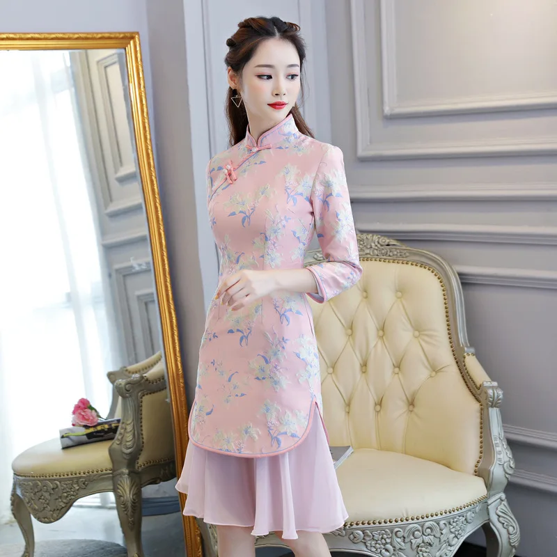 Зимнее китайское платье Cheongsam с длинным рукавом для девочек, традиционное женское ретро платье, современные восточные платья - Цвет: Jfish tail powder