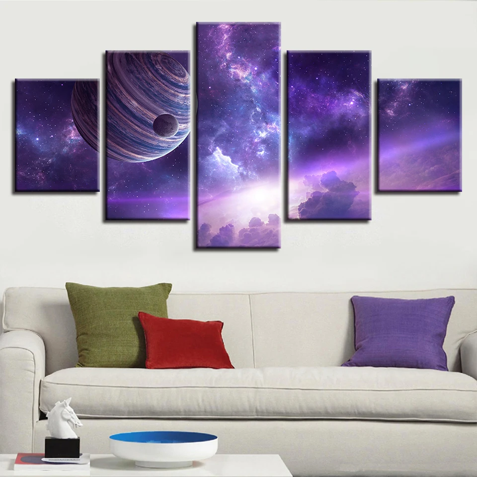 

Canvas Paintings Living Room Wall Art Frame 5 Pieces Planet In Purple Nebula Posters HD Prints Space Pictures Modular Home Decor