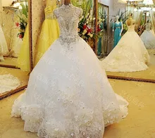 Ball Gown High Neck Appliques Diamond Beaded Lace Up Court Train Custom Made Luxury Bridal Dress With Handmade Flowers LW006