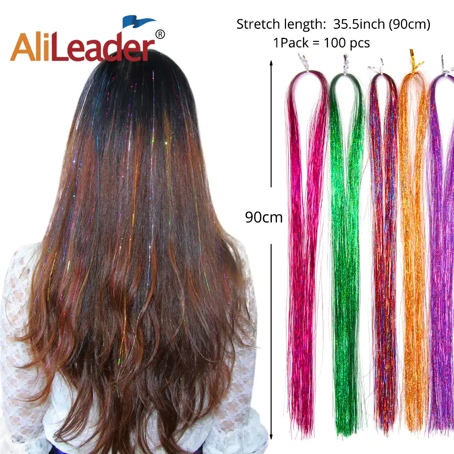 Alileader Hair 1 Packs 16inch Sparkly Synthetic Clip In One Piece Hair Tinsel Strip Gold Green Pink Color For Girls And Party