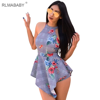 

RLMABABY Print Floral Cold Shoulder Playsuit O Neck Sleeveless Hollow Combinaison Femme Overalls Asymmetrical Women Jumpsuit
