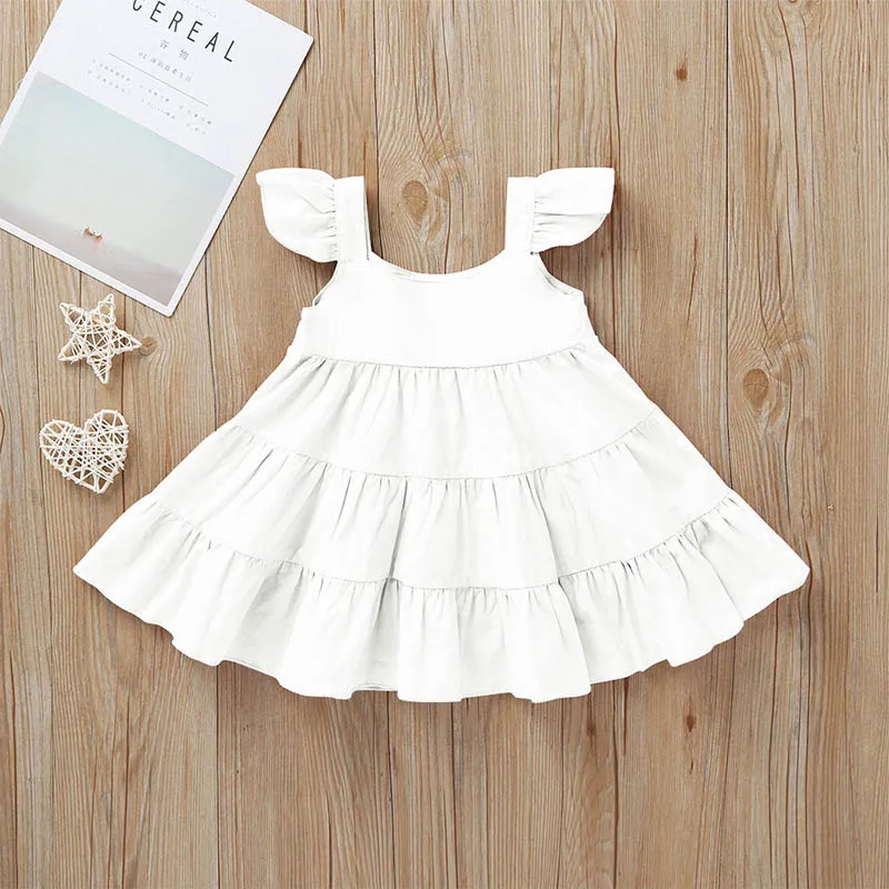 

Summer Casual Baby Girls Flare Sleeve Solid Print Strap Tutu Big Swing Dress Kids Pageant Sundress 1-6Y Toddler Girl Clothes