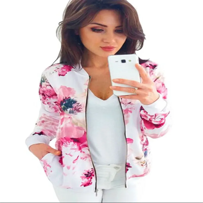 Women's Fashion Printed Zipped Classic Jacket Coat Long Sleeve Biker Outwear Zip Up Windbreaker Top