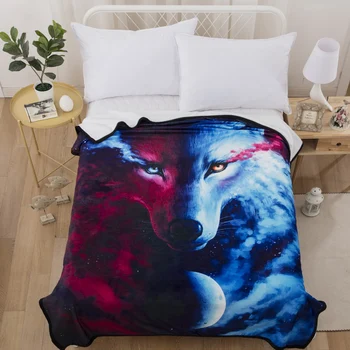 

Wolf Theme Blanket Teens 3D Blue/Red Wolf Crying Tears Printed Twikkle Stars Boys Fleece Blanket Black Sherpa Blanket 150x200cm