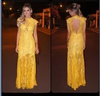 New Popular Straight Cap Sleeves Floor Length Open Back Yellow Long Lace Prom Dresses Vestido De Renda Vestidos De Fiesta