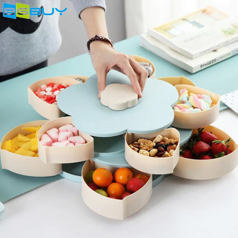 

Multi Grids Birthday Party Tray Flower Shape Double Layer ABS Plastic Snack Fruit Dish Plate for Home Storage,Pink Blue Color