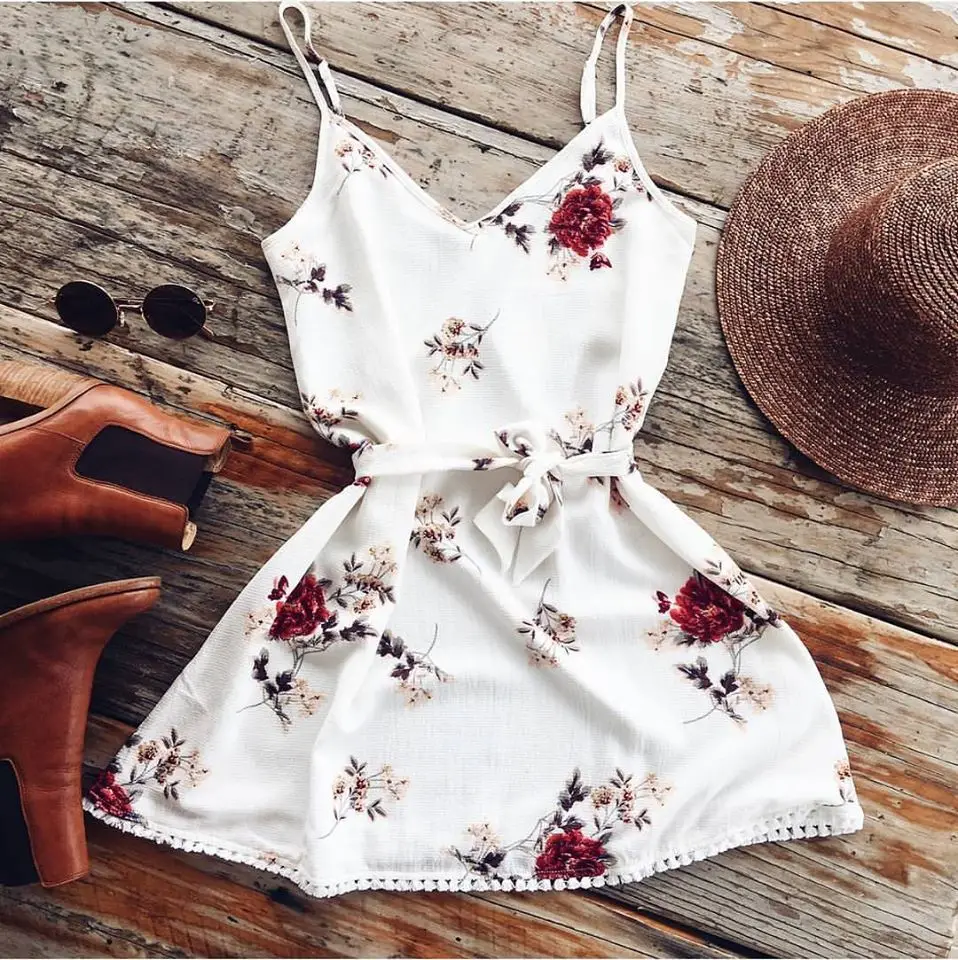 

New Fashion Women Summer Casual Sleeveless Dresses Casual Short Mini Sexy Ladies Flower Hot V-Neck Floral Printed dress