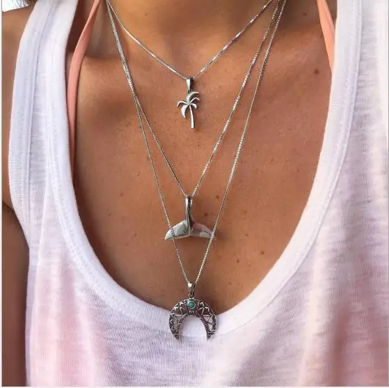 Bohemia Coco Tree Mermaid Moon Pendant Necklaces Multi Layer Silver Chain Chokers Necklace Collar for Women Jewelry | Украшения и