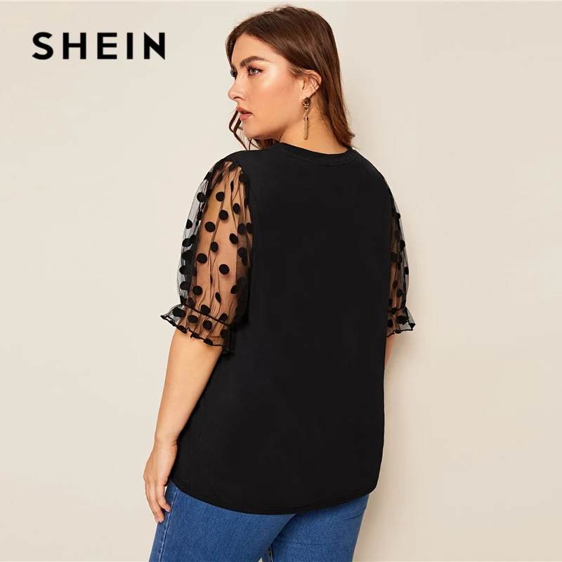 SHEIN زائد حجم أسود السويسري نقطة شبكة كم قمة صلب المحملة 2019 المرأة الصيف عارضة نصف نفخة كم التباين شبكة يا الرقبة قميص SHEIN زائد حجم أسود السويسري نقطة شبكة كم قمة صلب المحملة 2019 المرأة الصيف عارضة نصف نفخة كم التباين شبكة يا الرقبة قميص