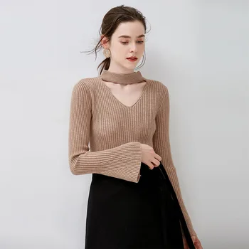 

light coffee sweater women knitted sweaters woman oversized long fashion 2019 spring autumn plus large size V neck Pullover