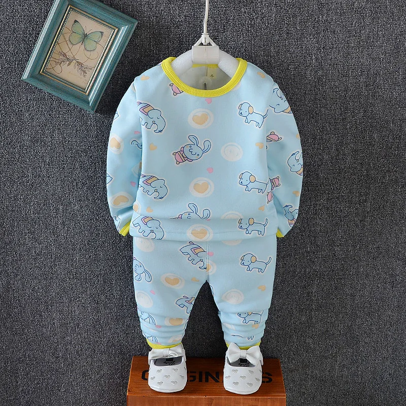 

JIOROMY Children's wear children's suit undertakes the new winter 2018 female children cartoon add wool warm underwear suits 853