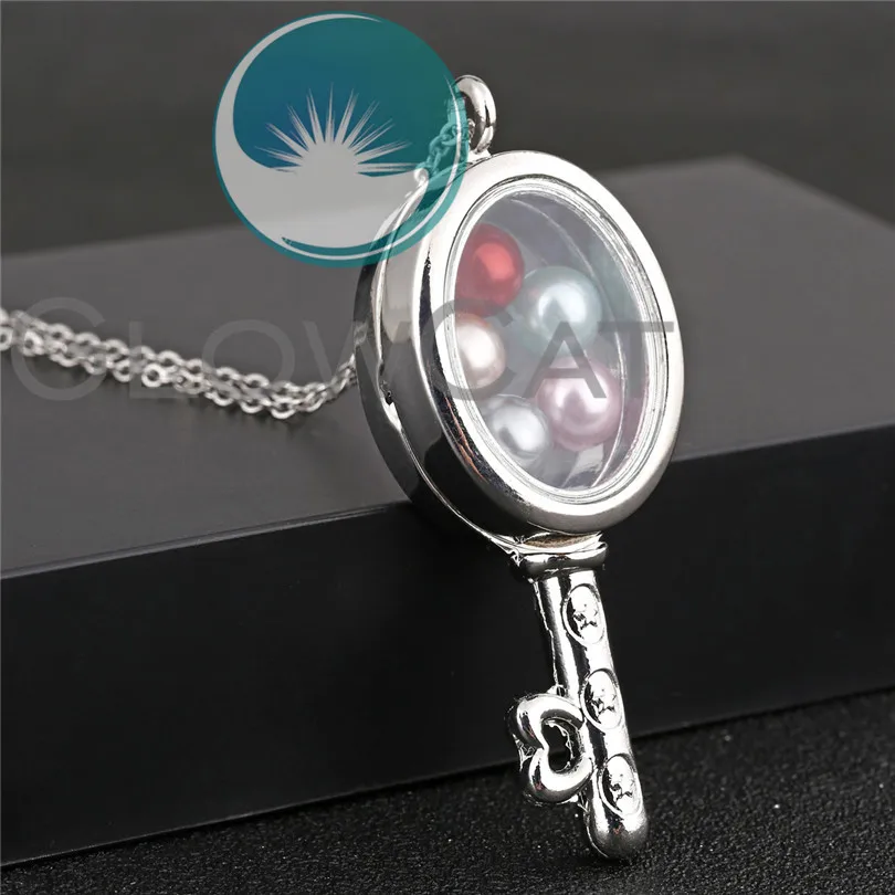 Silver Oval Key Floating Charms Necklace Beads Pearl Memory Photo Glass Locket Pendant | Украшения и аксессуары