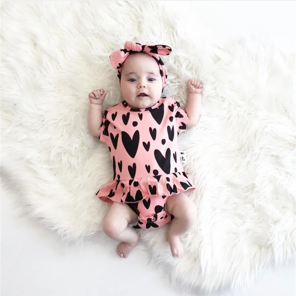 

Summer Newborn Baby Girls Clothes Toddler Short Sleeve Cute Heart Print Romper+Headband Infant 2Pcs Baby Clothing Set