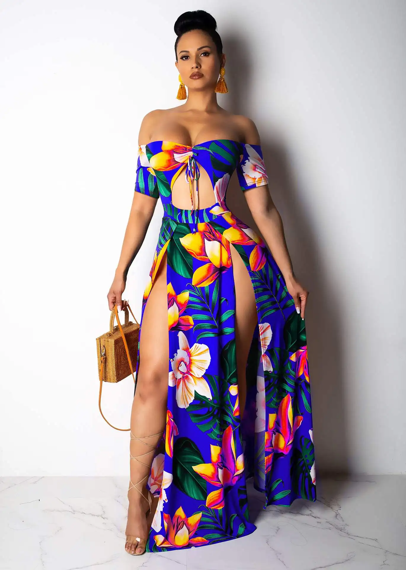 Fashion Women Summer Boho Floral Long Maxi Split Party Beach Dress Sundress