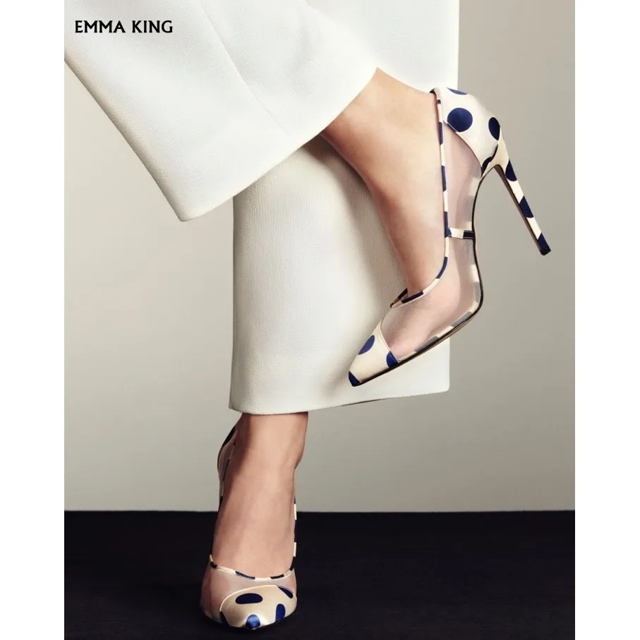 

2019 NEW Elegant Polka-Dot Mesh Point Toe Pumps Women Stiletto High Heels Fashion Party Dress Wedding Shoes Woman Plus Size