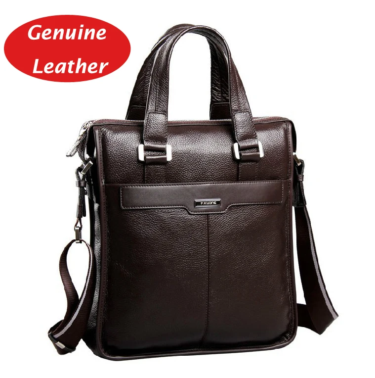 P KUONE business casual fashion design 100 cowhide Genuine leather men handbag shoulder bag for ipad