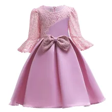 Детское платье; сезон весна-осень; кружевное розовое платье принцессы с бантом в европейском и американском стиле для маленьких девочек; элегантное платье с полыми рукавами