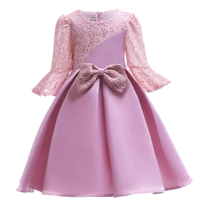 

Children's dress spring and autumn European and American lace bow girls baby pink princess dress hollow sleeve elegant dress
