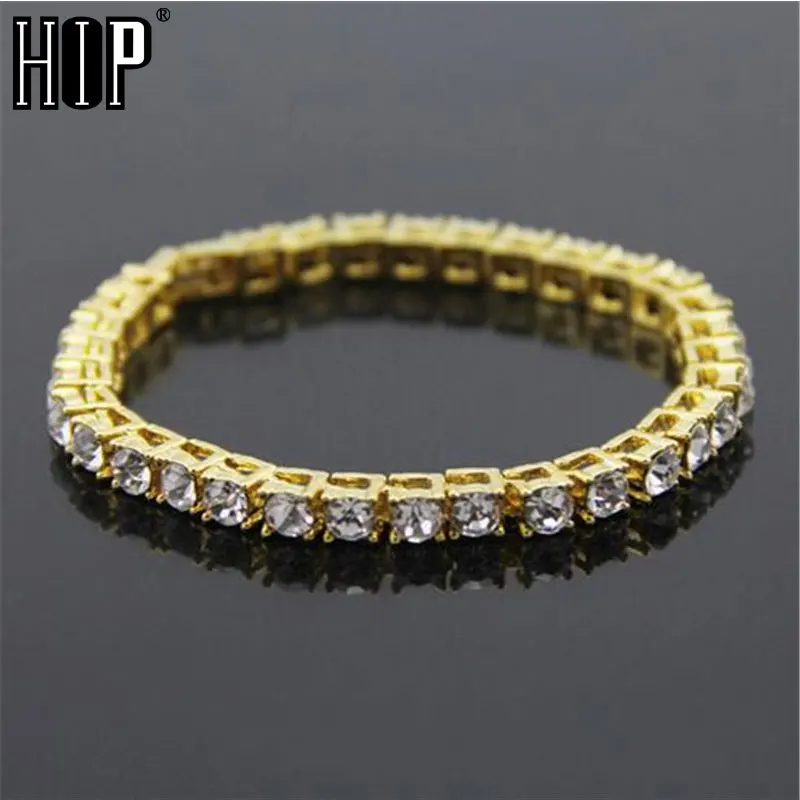 Hip hop Bling Iced Out Mens Zircon Bracelet Tennis Chain Bracelets Women Men 1 Row CZ Link Chain Jewelry Gold   Black Color