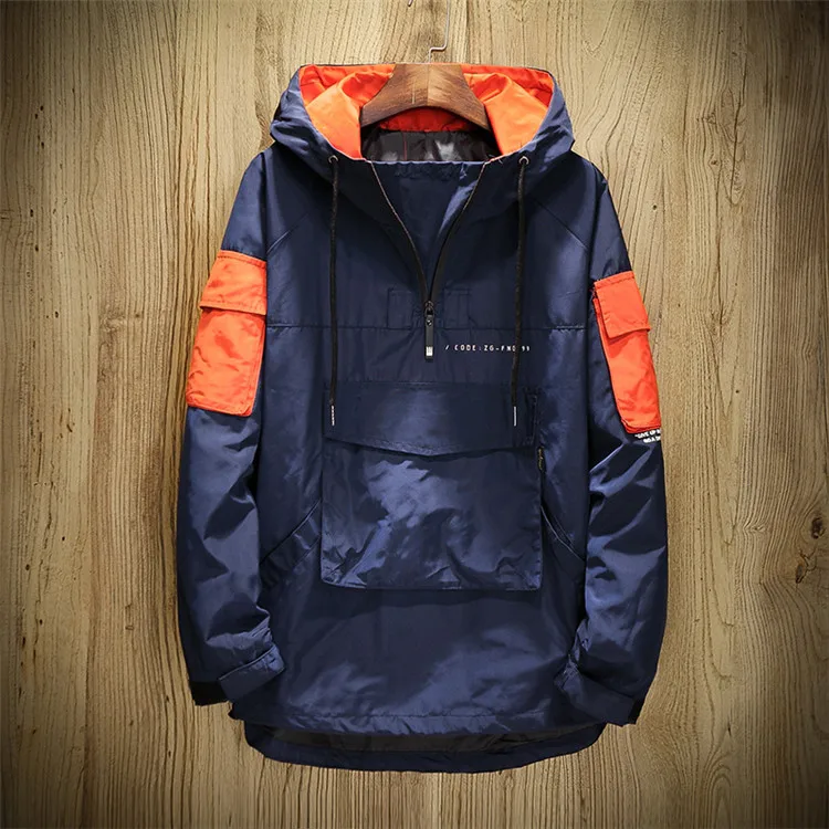 Осенняя Лоскутная куртка с большим карманом и капюшоном, мужские куртки и пальто, мужская куртка-бомбер, подростковые верхние куртки для мужчин, уличная куртка - Цвет: Тёмно-синий