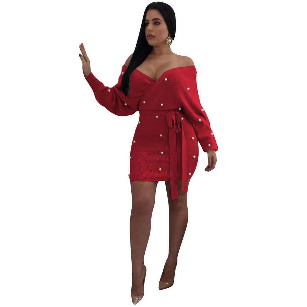 

spring new women's beaded dress sexy V-neck long-sleeved bag hip irregular dress