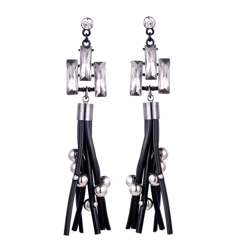 

MINGGE new Black Leather Tassel Drop punk Earrings with Rhine stone for Women Piercing Big Dangle Earrings