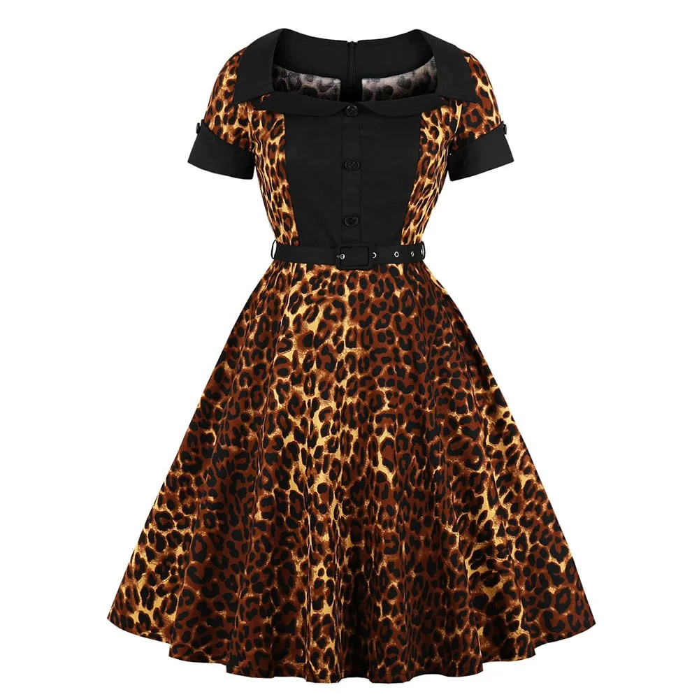 

Vintage Office Lady Sexy Gothic Plus Size Women Dresses Cotton Zipper Leopard Color Block Button Female Elegant Fashion Dress
