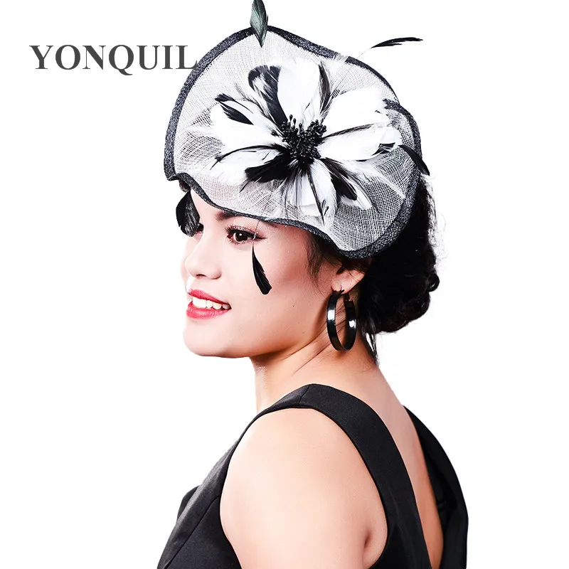 

New Sinamay Wedding Elegant Ladies Fascinators Hats Bridal Cocktail party Hats with Feather races church wedding headwear access
