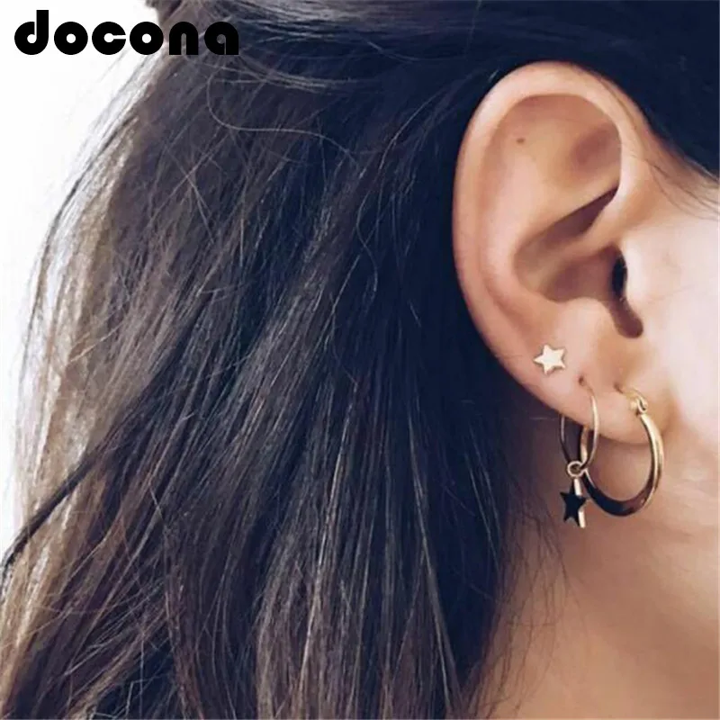 

docona Punk Gold Color Round Star Stud Earring Set for Women Simple Geometric Studs Earrings Party Jewelry Oorbellen 6546