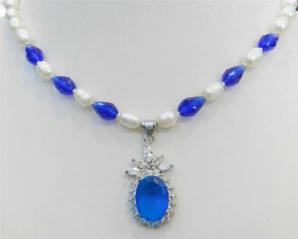 

FREE SHIPPING>>>@@ > RHJ00142 White Pearl & Blue Crystal Necklace Egg-shaped Cut Pendant