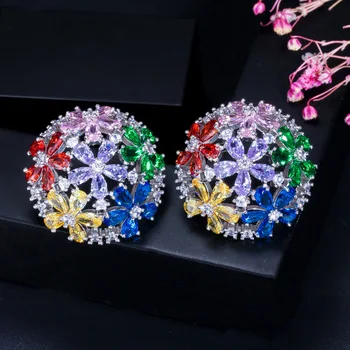 

Luxury women's stud earrings colorful flower ball AAA shinning crystals party classic fashion elegant earrings for ladies