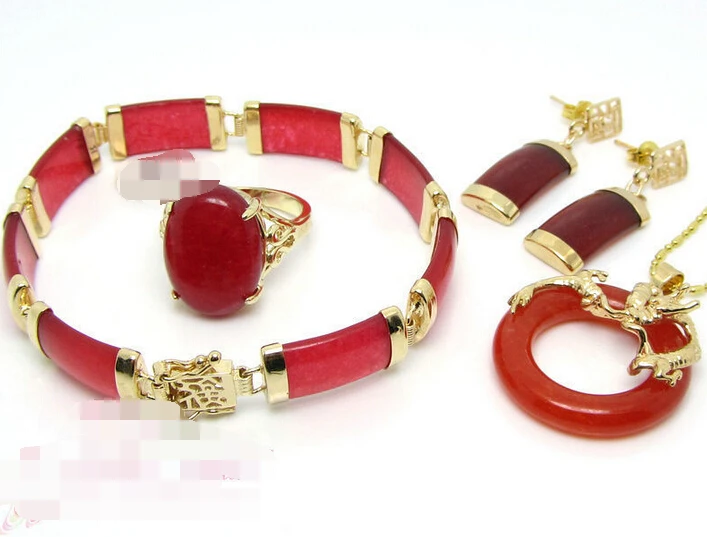 

87 Gold Plated Red jade pendant earrings bracelet Ring Chinese Lucky Set