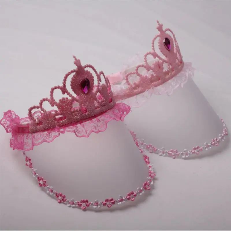 

Kids Girls Summer Plastic Wide Brim Clip-On Sun Hat Floral Lace Faux Diamond Glitter Tiara Crown Princess Empty Top Cap Headband