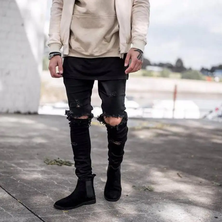 CLASSDIM High Street S Denim Jeans Men Fashion Skinny Jeans Big Holes Black Jeans New Male Slim Denim JEANS