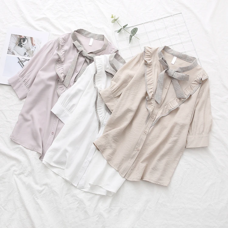 ruffled patchwork sash bow stand collar short sleeve shirt blouse mori girl 2018 summer |