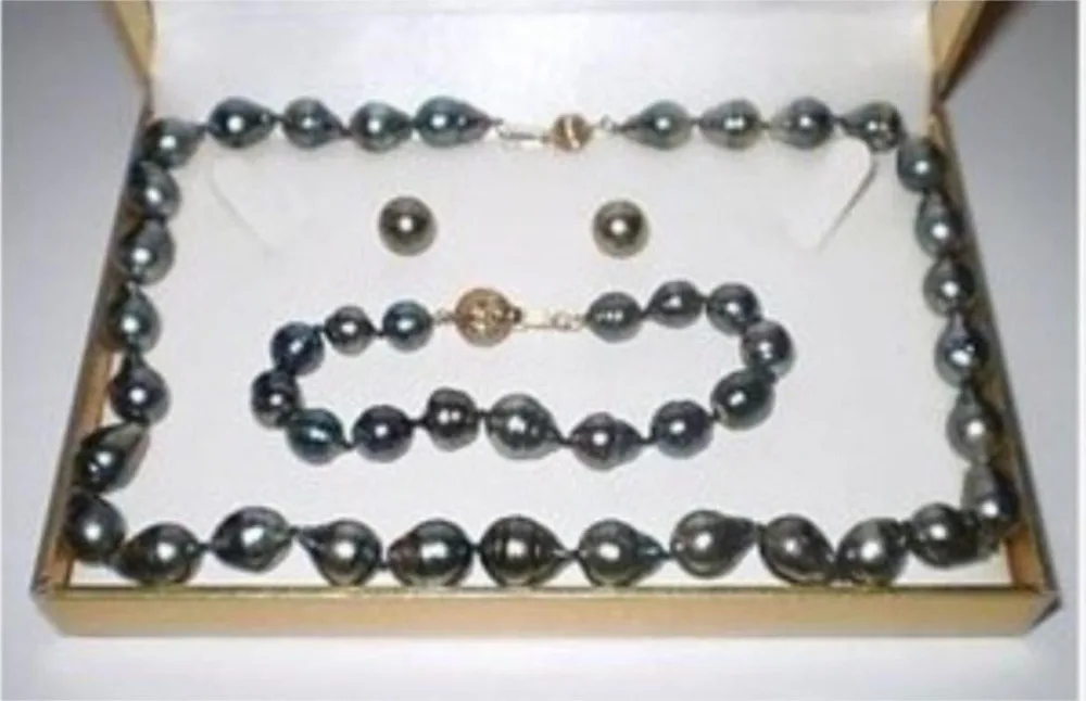 

Wholesale fast SHIPPING >>>A Set 14-16mm natural tahitian black pearl necklace bracelet earring hot