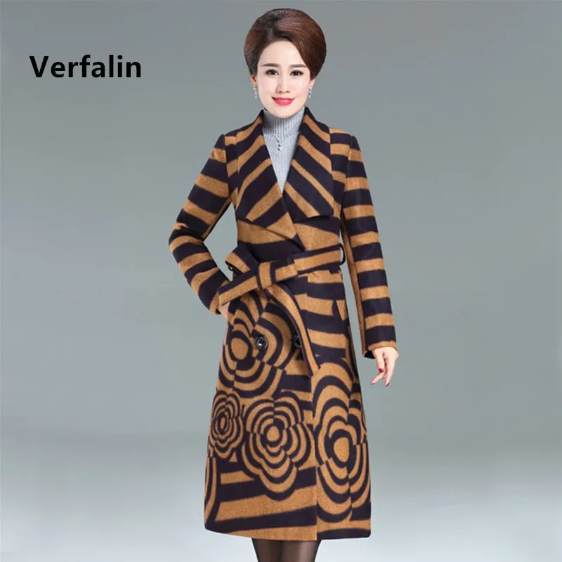 Verfalin 2017 Spring Women Wool CoatElegant Stripe Long Woollen Down Parka Trench Coat Girl Female Outerwear Warm Trench Coats (1)