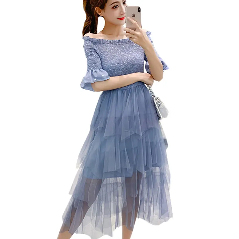 

Women Dress Slash Neck Flare Sleeve Pullover Polka Dot Sequined Ruffle 2019 Casual Elastic Slim Chiffon dresses vestidos HJ309