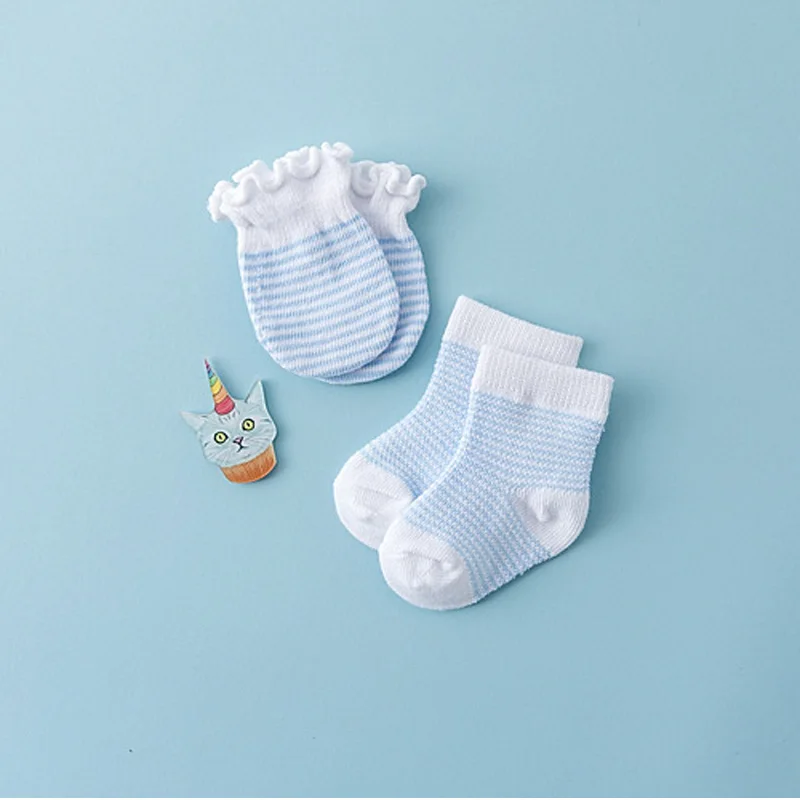 2 пар/компл. Детские носки Анти-Царапины перчатки для детей хлопковые носки для новорожденных детские носки в ретро-стиле; носки с кружевной оборкой носки-тапочки - Цвет: Blue stripes