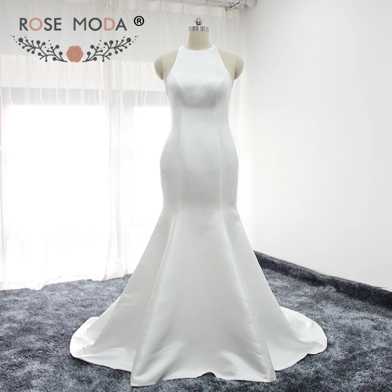 Rose Moda Simple Halter Mermaid Wedding Dress Criss Cross Back