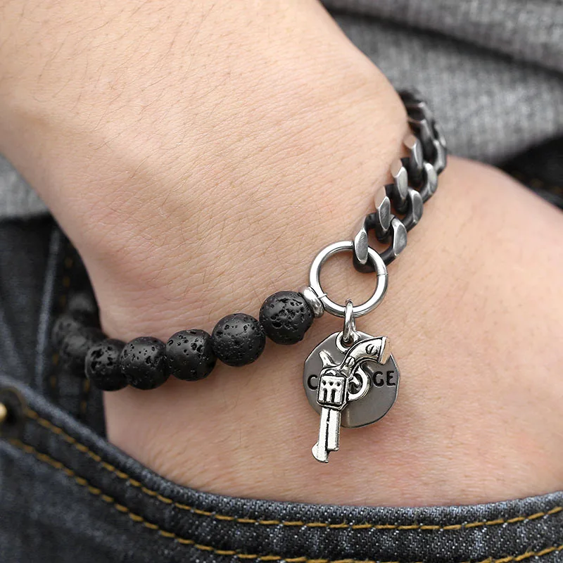 Charm Bracelets for Men Lava Beaded Gunmetal Stainless Steel Cross Gun Round Courage Charm