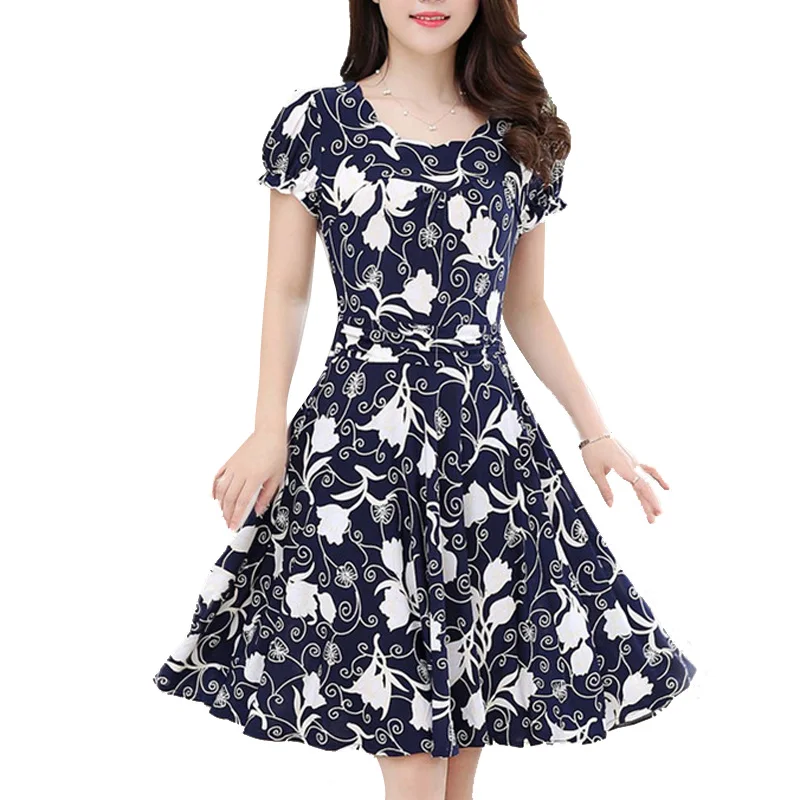 

Summer Women's Dress Floral Print Round Neck Short Sleeve Slim Fit Plus Size Dress A-line Casual