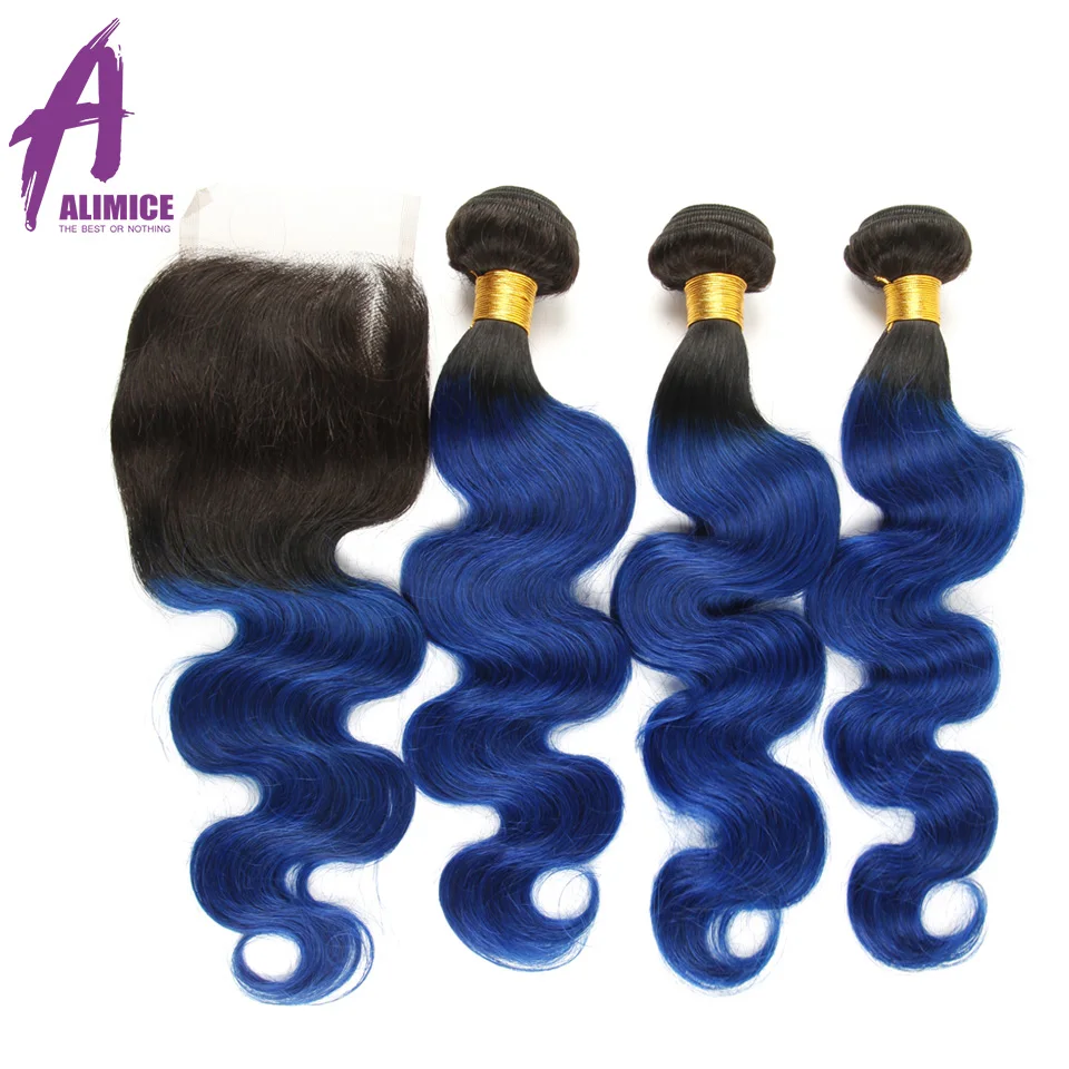 Alimice Ombre Bundles With Closure T1BBlue Colored Two Tone Human Hair Brazilian Body Wave Hair 3 Bundles With Closure 4PcsLot (3)