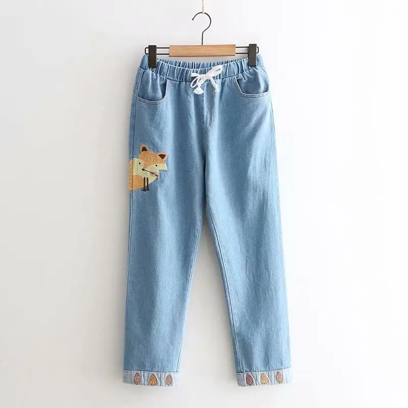 

mori girl fox squirrel stitch casual embroidery kawaii cute denim pants 53920